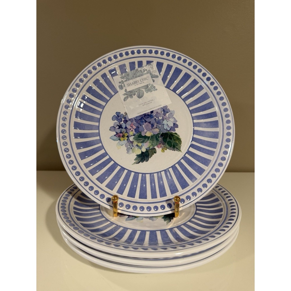 4 Shabby Chic Thick Melamine 9" Salad Plate Set‎ Dots & Stripes Blue Hydrangea
